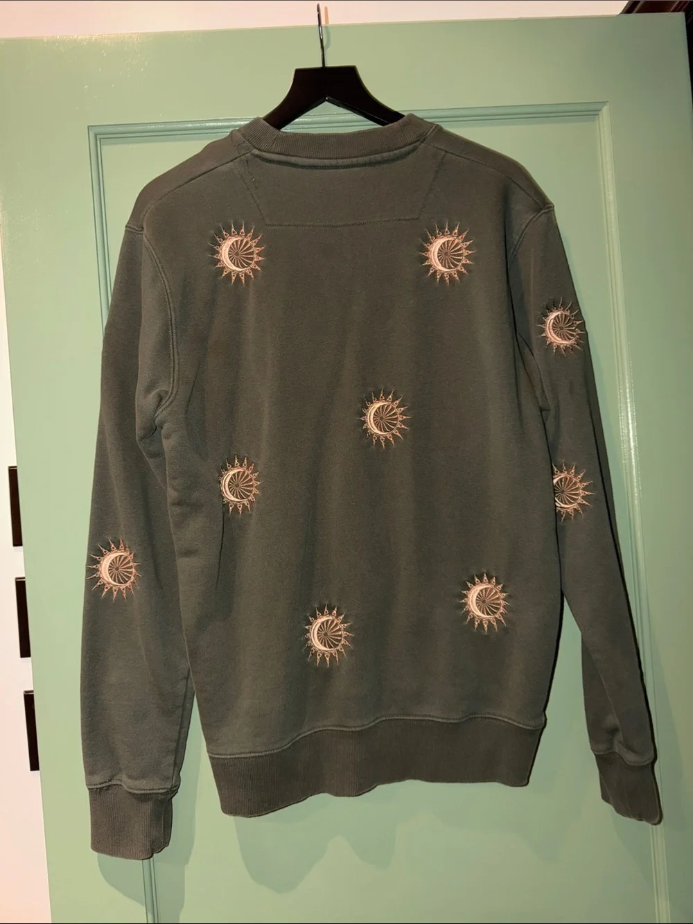 Scotch & Soda Olive Crewneck Sweater with Tan Sun Embroidery